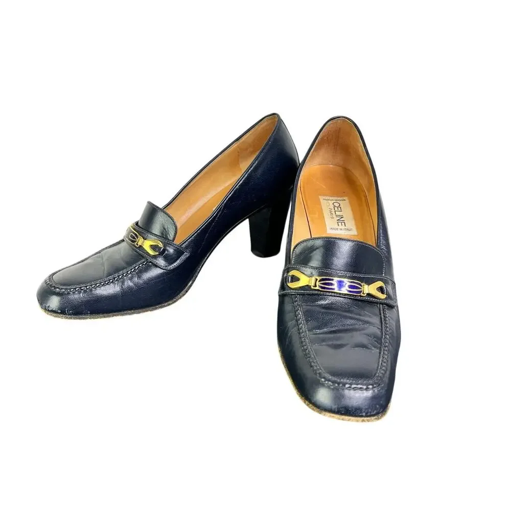 Celine Vintage Shoes Womens Sz 8 Blue‎ Leather Gold Trim Classic Old Money